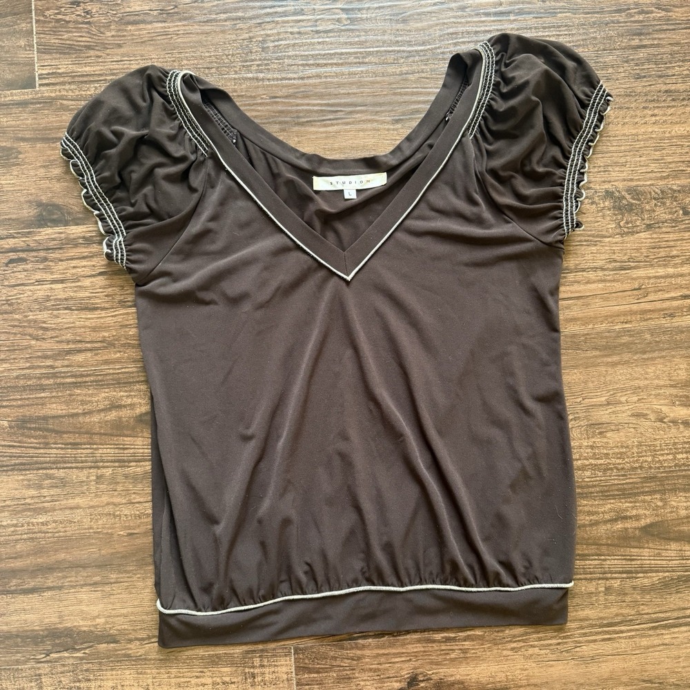 Y2K Studio M Chocolate Brown Puff Sleeve Top - Coquette Office Siren - Large